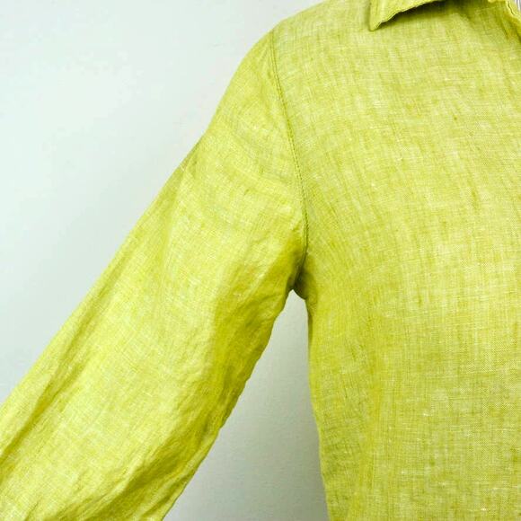 Tahari Size M Linen V Neck Tunic 3/4 Sleeve Side Buttons Chartreuse - Picture 8 of 11